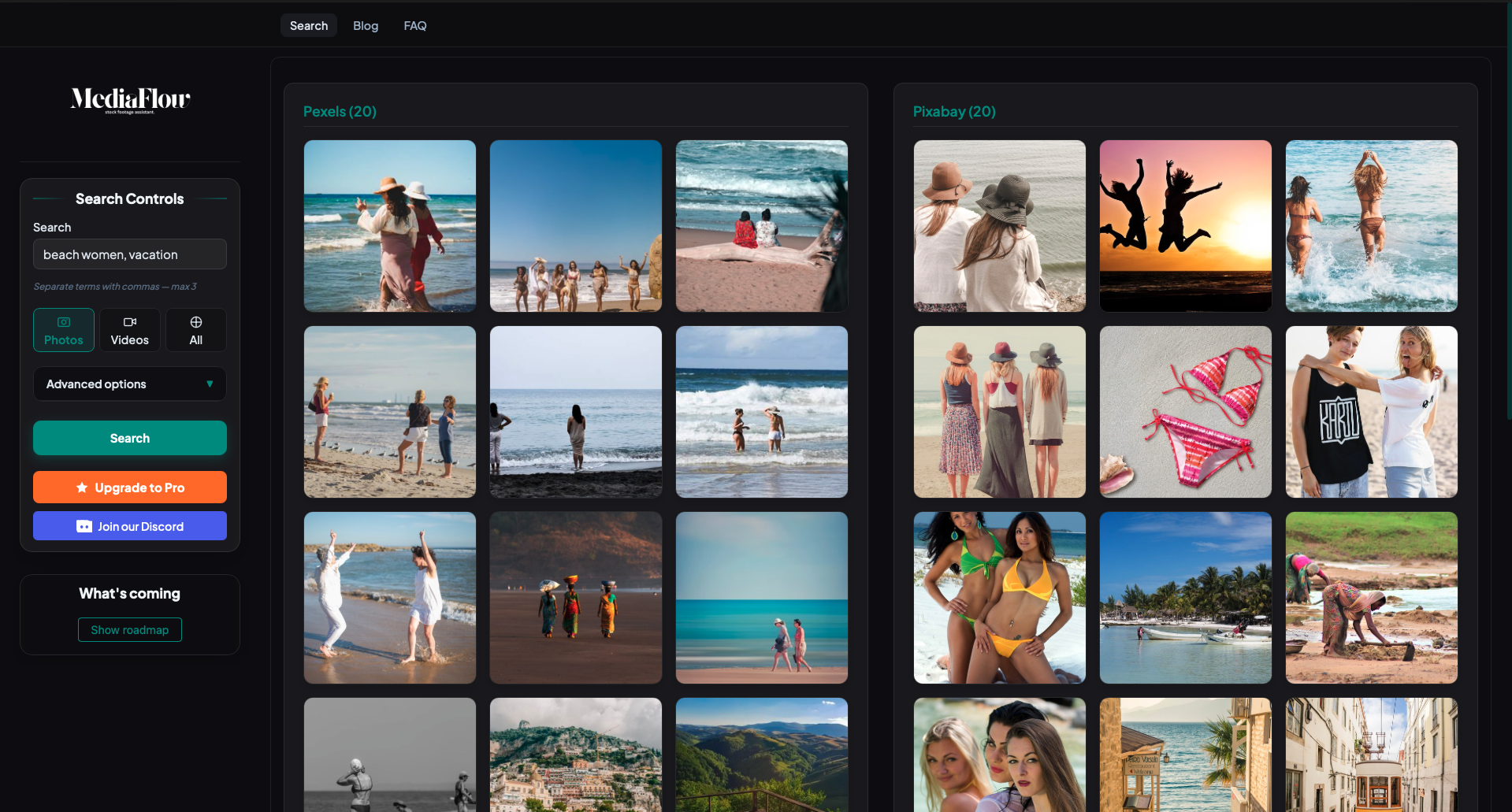 MediaFlow showing Pexels and Pixabay results side by side for a single search